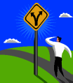 This image of a man at a fork in the road is to help remind teams that at this stage of the process they need to focus on next steps and the direction they need to go to make the changes they want to see in the data happen.